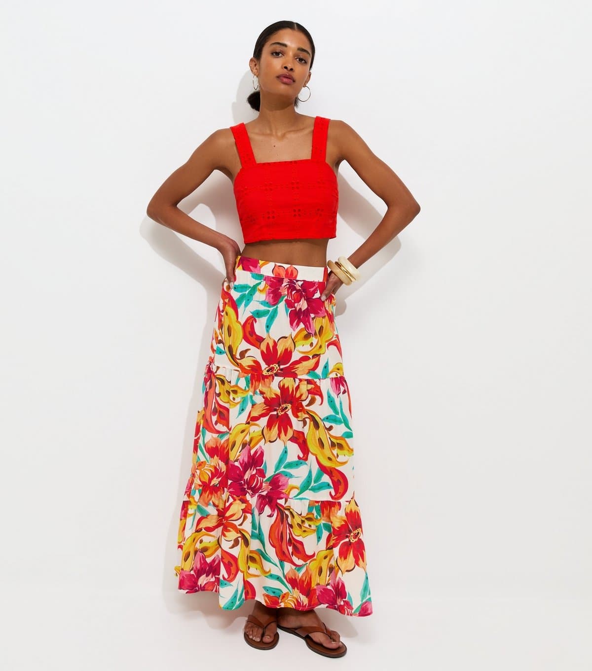 New Look Women's White Cotton Large Floral Print Midi Skirt New Look