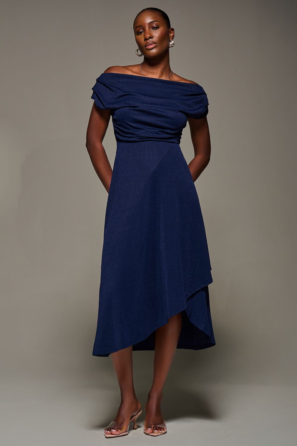 Jolie Moi Jolie Moi Women's Draped Jersey Cowl Neck Midi Dress in Navy - 3