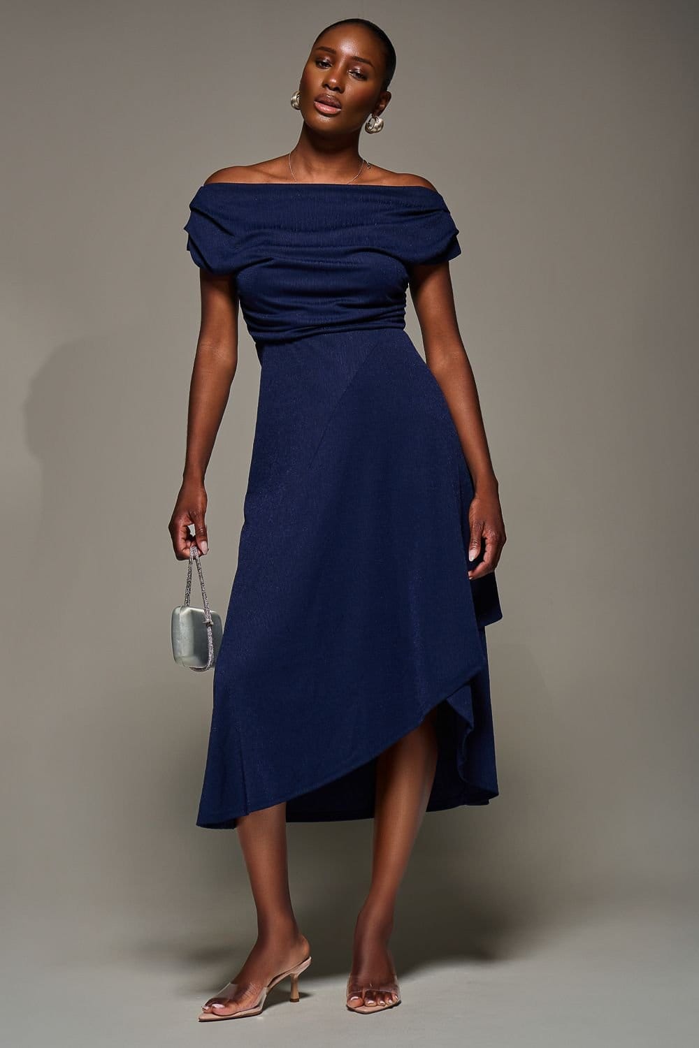 Jolie Moi Jolie Moi Women's Draped Jersey Cowl Neck Midi Dress in Navy - 4