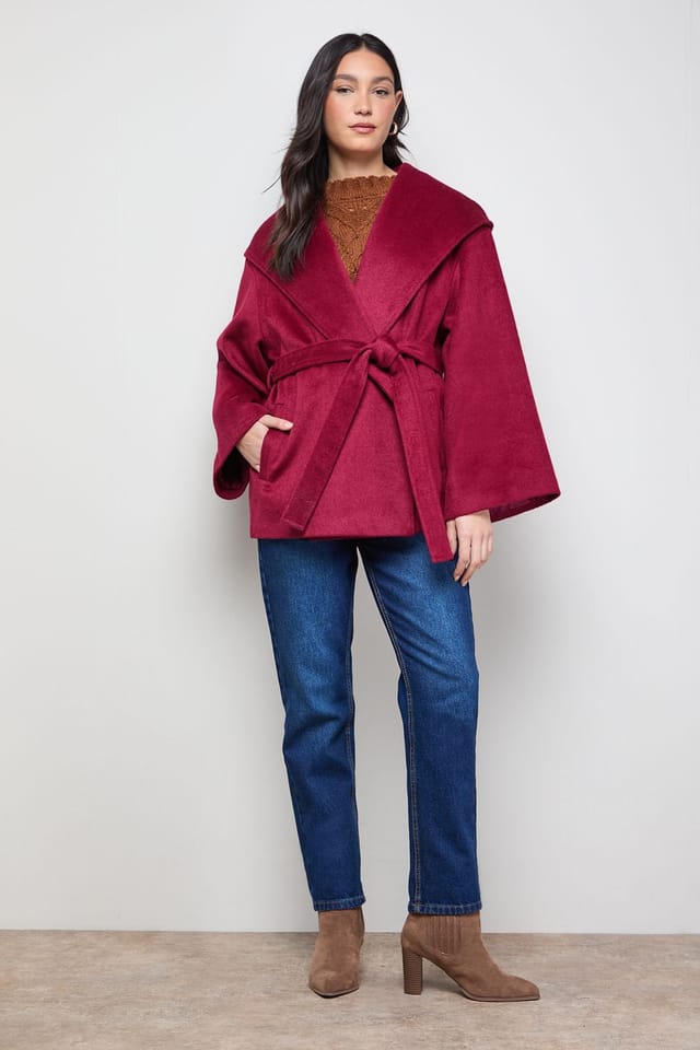 Oasis Oasis Women's Hooded Cropped Belted Coat in Berry - 2