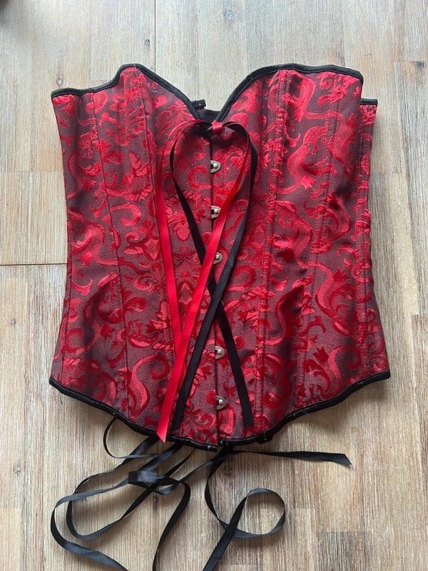 Vintage Dressing Red & Black Brocade Corset Top Lace-Up Boned