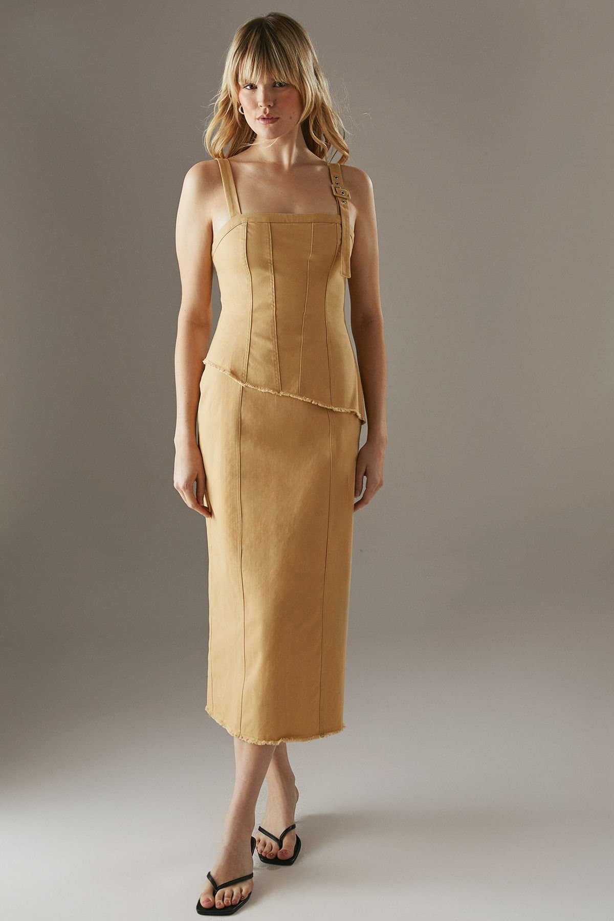 Warehouse Warehouse Women's Buckle Detail Raw Edge seamed Midi Dress in Yellow