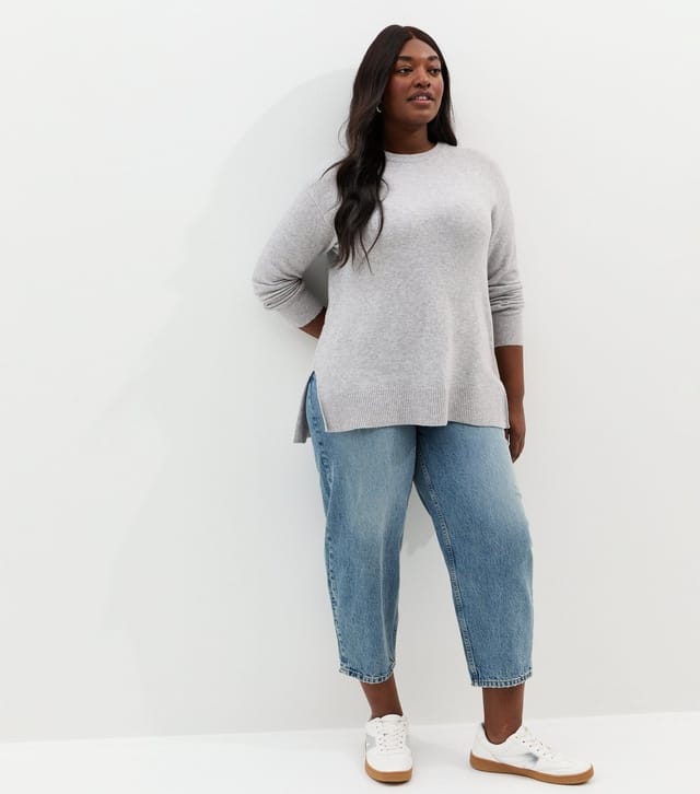 New Look Women's Plus Size Light Grey Crew Neck Split Hem Jumper Curves New Look - 3