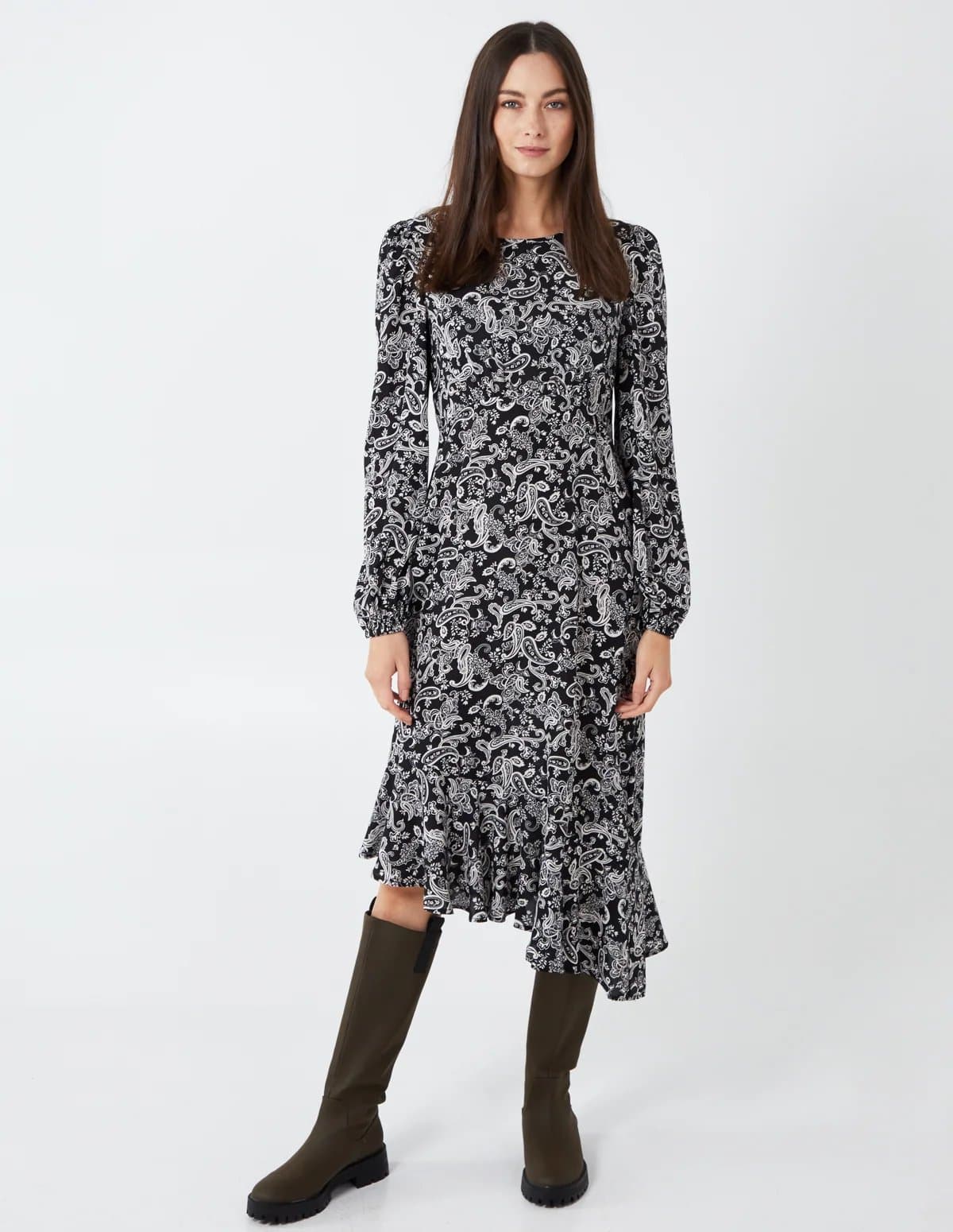 Blue Vanilla Paisley Long Sleeve Asymmetric Midi Dress