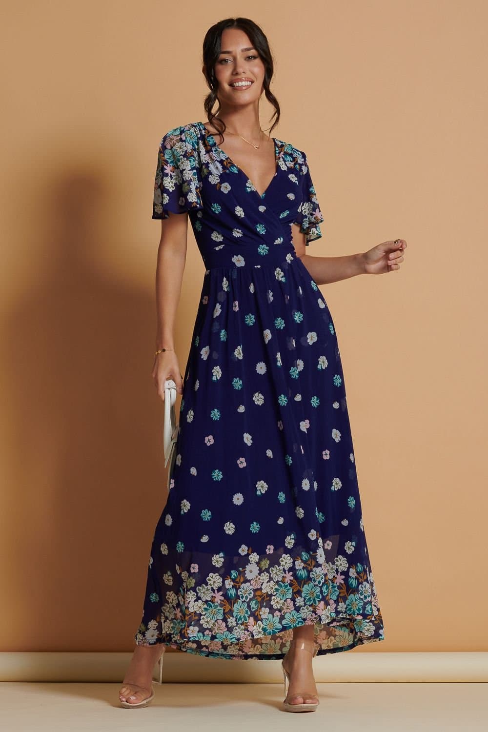 Jolie Moi Jolie Moi Women's Mirrored Angel Sleeve Mesh Maxi Dress in Blue