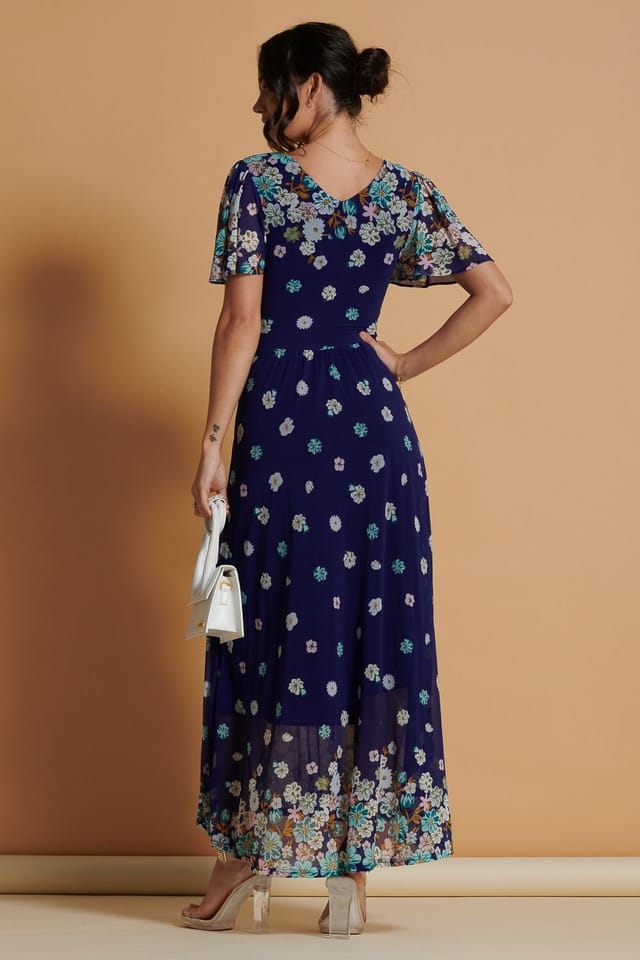 Jolie Moi Jolie Moi Women's Mirrored Angel Sleeve Mesh Maxi Dress in Blue - 2