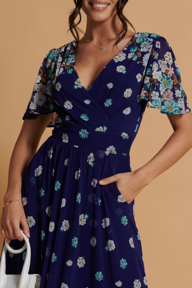 Jolie Moi Jolie Moi Women's Mirrored Angel Sleeve Mesh Maxi Dress in Blue - 3