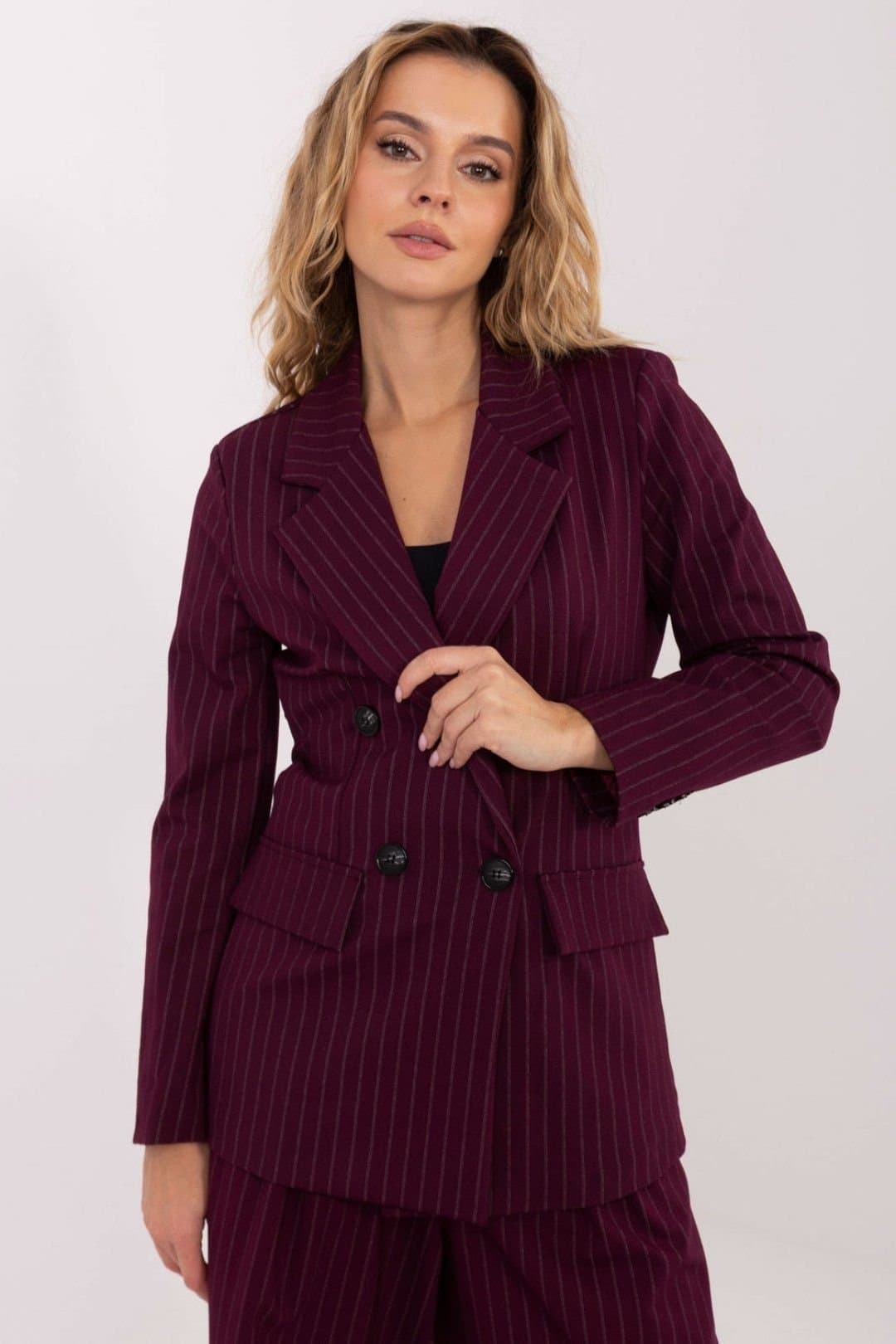 Love Lace Love Lace Women's Elegant Striped Double Breasted Blazer Style 221435 in Burgundy