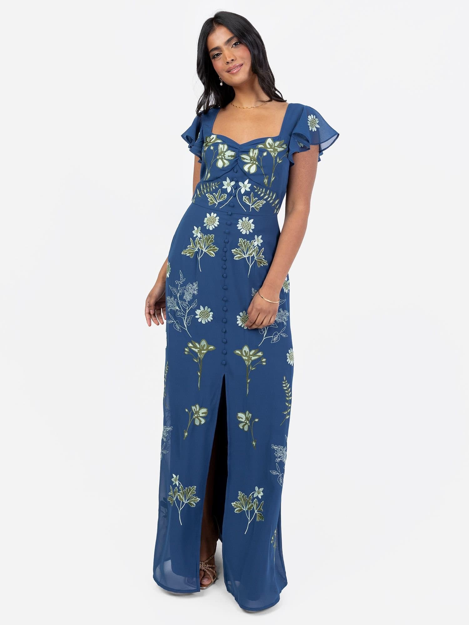 Maya Deluxe Maya Deluxe Women's Embroidered Short Sleeve Keyhole Back Maxi Dress in Blue