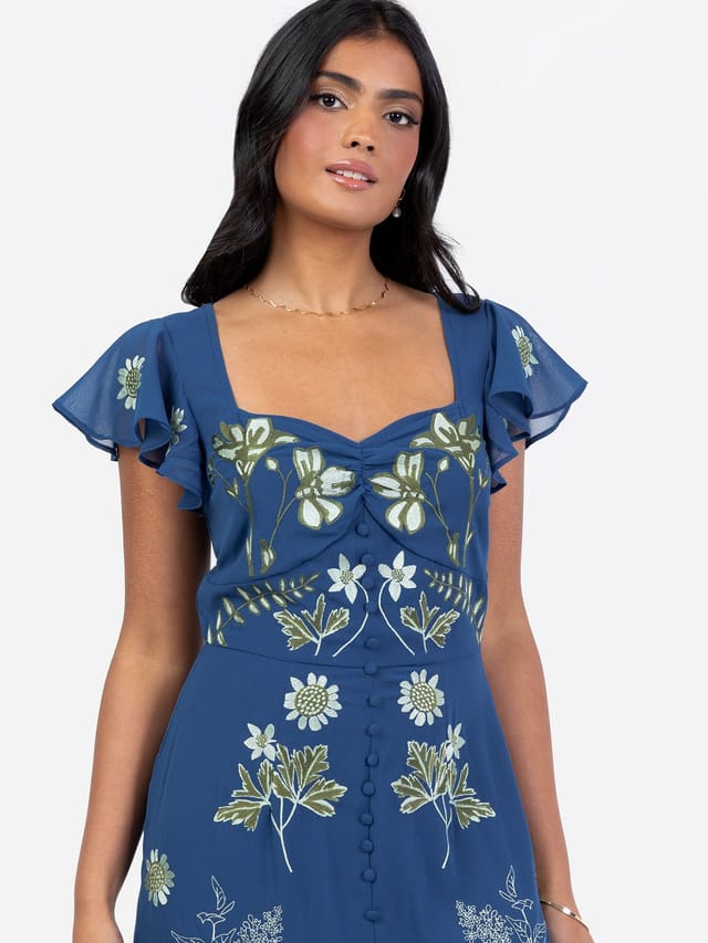Maya Deluxe Maya Deluxe Women's Embroidered Short Sleeve Keyhole Back Maxi Dress in Blue - 2