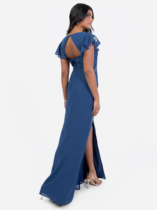 Maya Deluxe Maya Deluxe Women's Embroidered Short Sleeve Keyhole Back Maxi Dress in Blue - 3