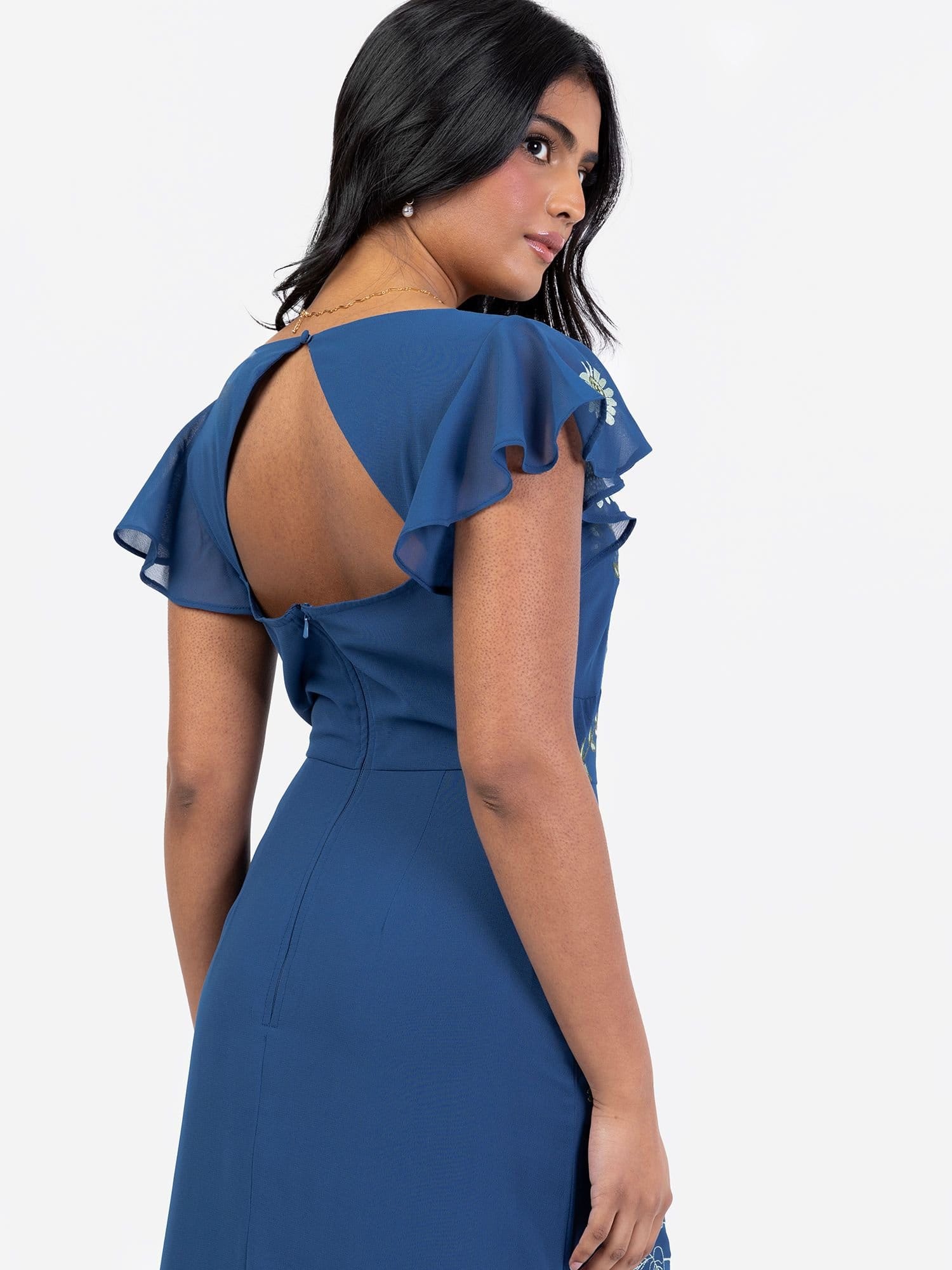 Maya Deluxe Maya Deluxe Women's Embroidered Short Sleeve Keyhole Back Maxi Dress in Blue - 4