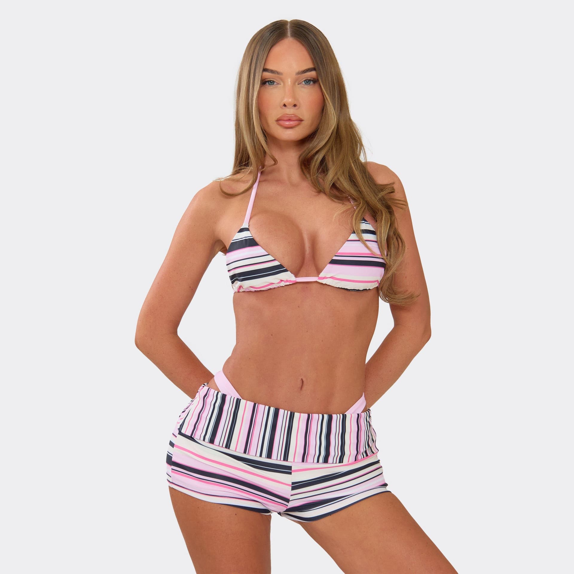 EGO Fold Over Waist Micro Shorts In Pink Multi Stripe, Women's Size UK 6