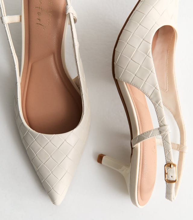 New Look Women's Off White Faux Leather Woven Slingback Court Shoes Vegan New Look - 3