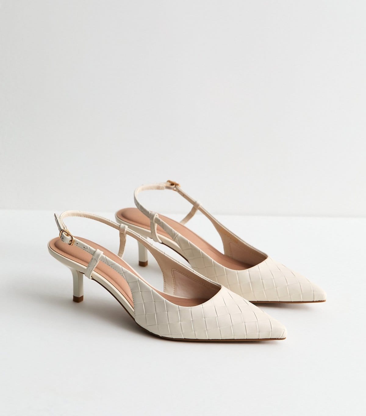 New Look Women's Off White Faux Leather Woven Slingback Court Shoes Vegan New Look - 4