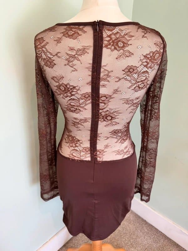 Shein Chocolate Brown Sheer Lace Ruched Mini Dress Long Sleeve Size Small