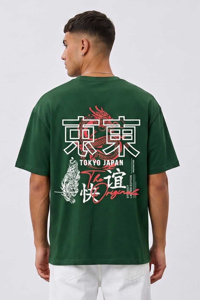 LONDON ATTITUDE LONDON ATTITUDE Men's Tokyo Dragon Oversized Heavyweight Cotton T-Shirt in Dark Green - 1