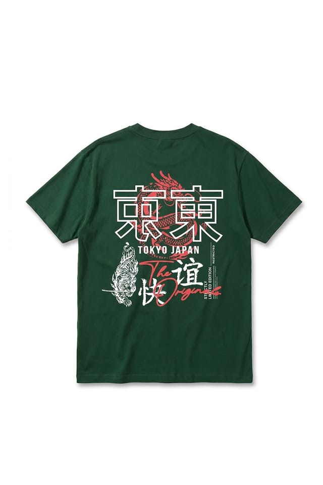 LONDON ATTITUDE LONDON ATTITUDE Men's Tokyo Dragon Oversized Heavyweight Cotton T-Shirt in Dark Green - 2