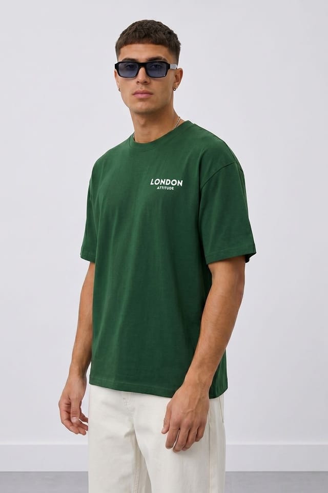 LONDON ATTITUDE LONDON ATTITUDE Men's Tokyo Dragon Oversized Heavyweight Cotton T-Shirt in Dark Green - 3