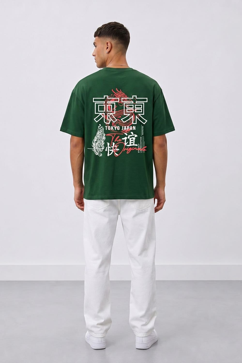 LONDON ATTITUDE LONDON ATTITUDE Men's Tokyo Dragon Oversized Heavyweight Cotton T-Shirt in Dark Green - 4