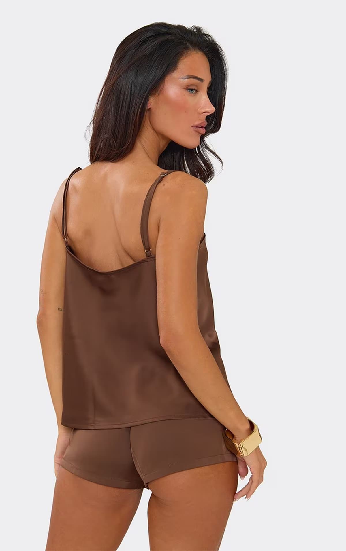 EGO EGO Chocolate Brown Satin Strappy Square Neck Cami Top