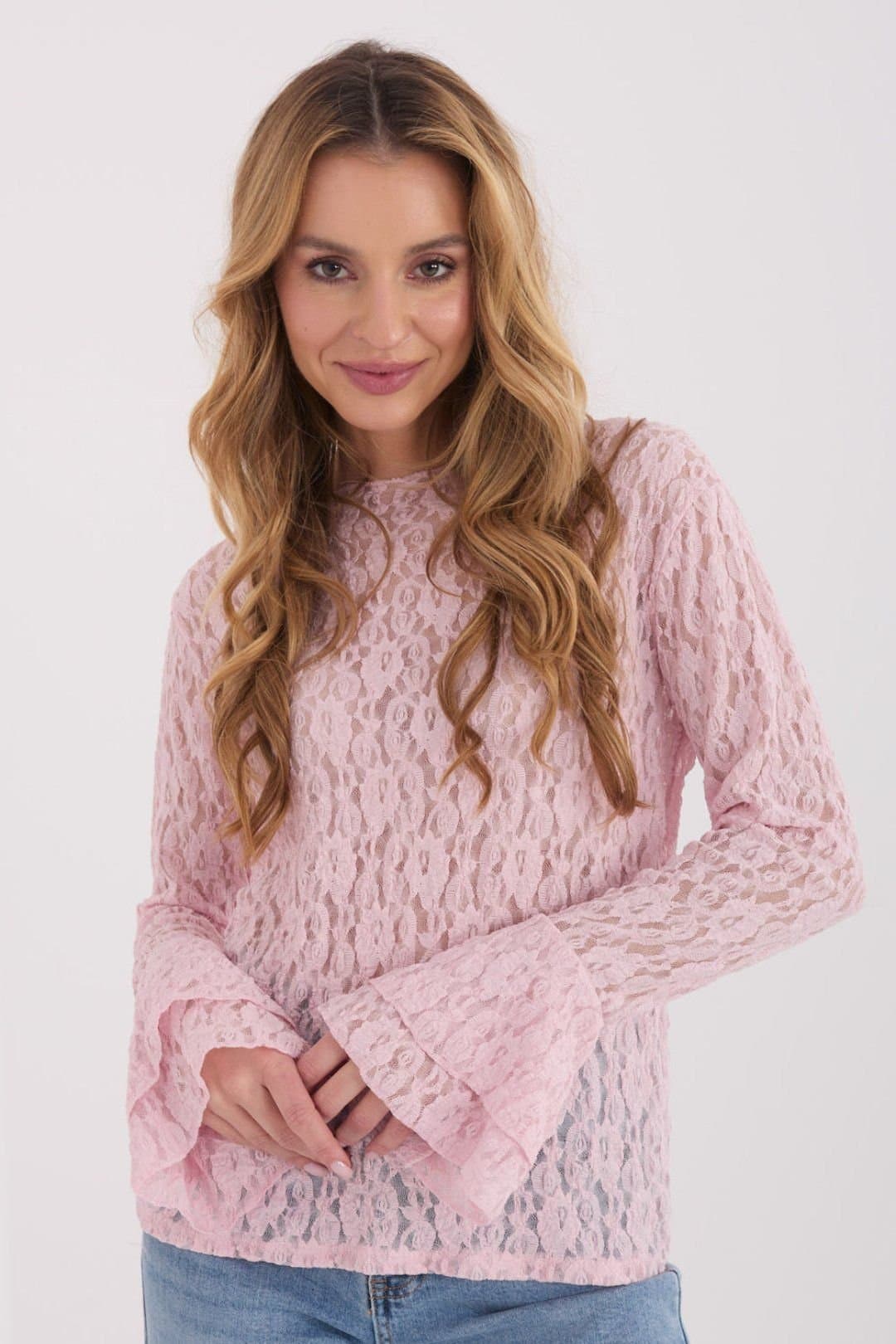 Love Lace Love Lace Pink Fitted Lace Blouse with Bell Sleeves