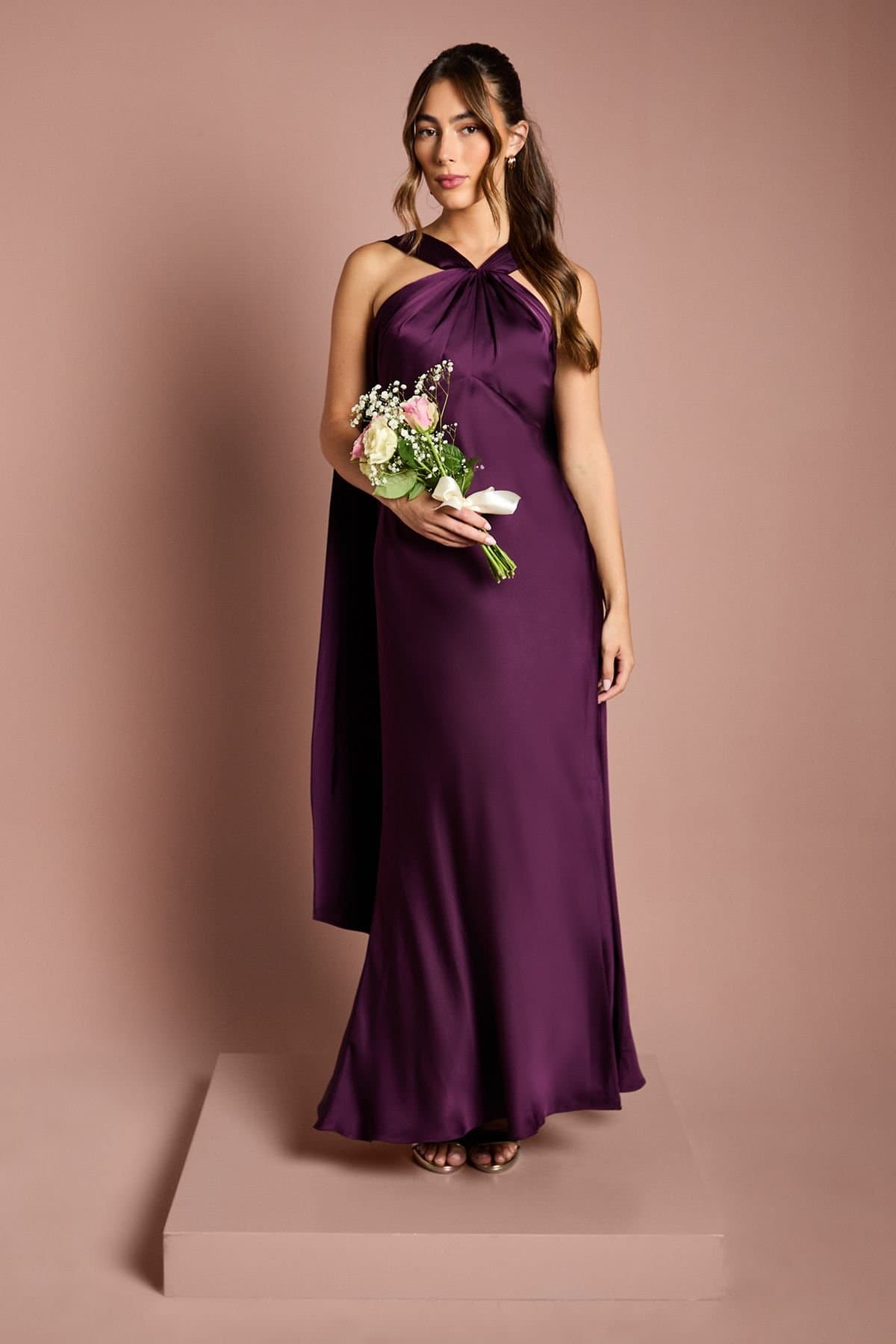 Coast Coast Women's Satin Halterneck Maxi Bridesmaid Dress with Over The Shoulder Drape Detail in Grape