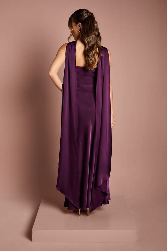 Coast Coast Women's Satin Halterneck Maxi Bridesmaid Dress with Over The Shoulder Drape Detail in Grape - 3