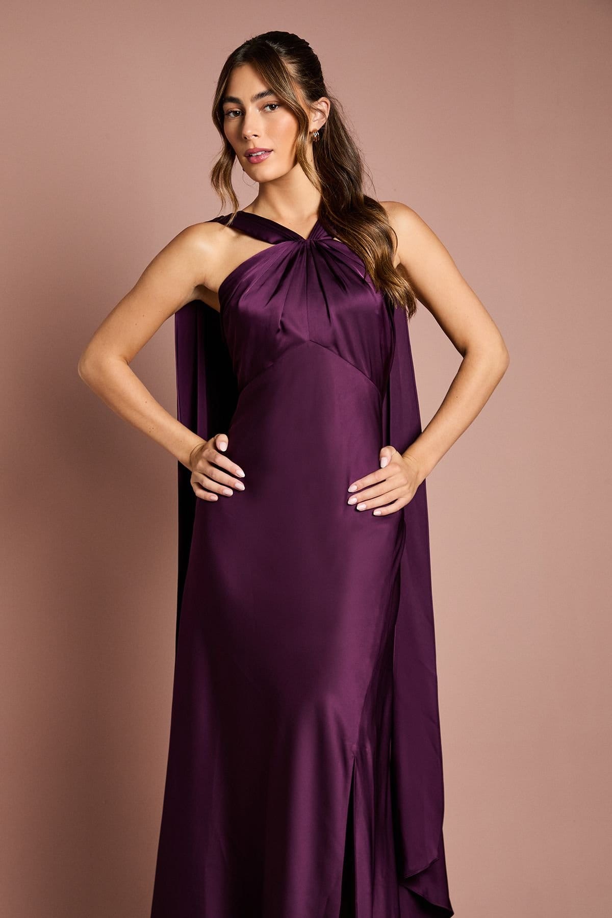 Coast Coast Women's Satin Halterneck Maxi Bridesmaid Dress with Over The Shoulder Drape Detail in Grape - 4