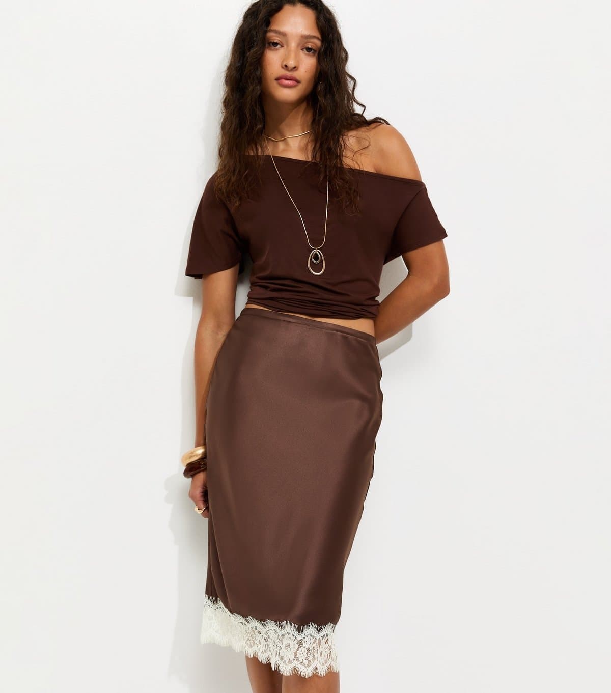New Look Women's Dark Brown Satin Lace Trim Midi Skirt New Look
