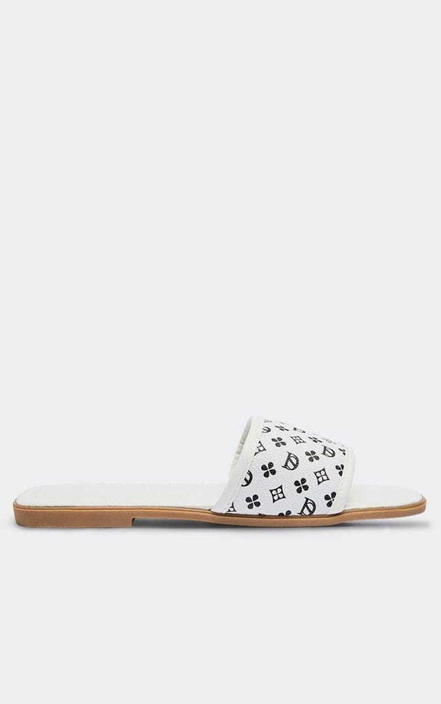 EGO Citric Printed Strap Detail Flat Slider Sandal In White Faux Leather, Women's Size UK 3 - 2