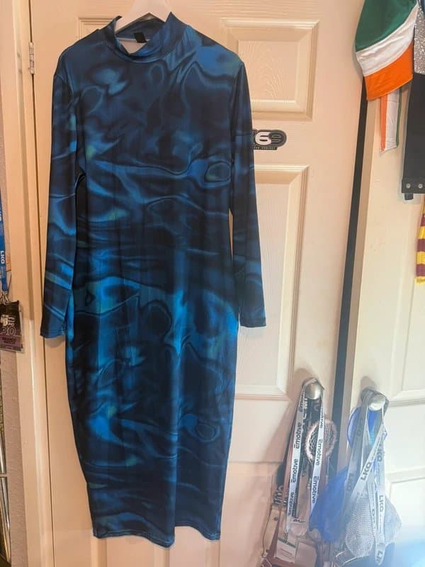Shein Blue Marble Print Long Sleeve Midi Dress | Bodycon | Size 1XL
