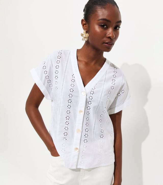 New Look Women's White Cotton Broderie Anglaise Button Through Top New Look - 2
