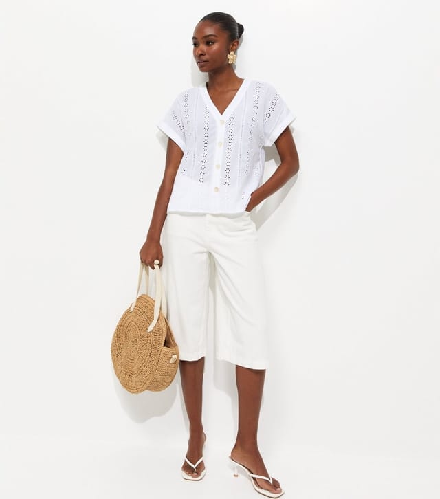 New Look Women's White Cotton Broderie Anglaise Button Through Top New Look - 3