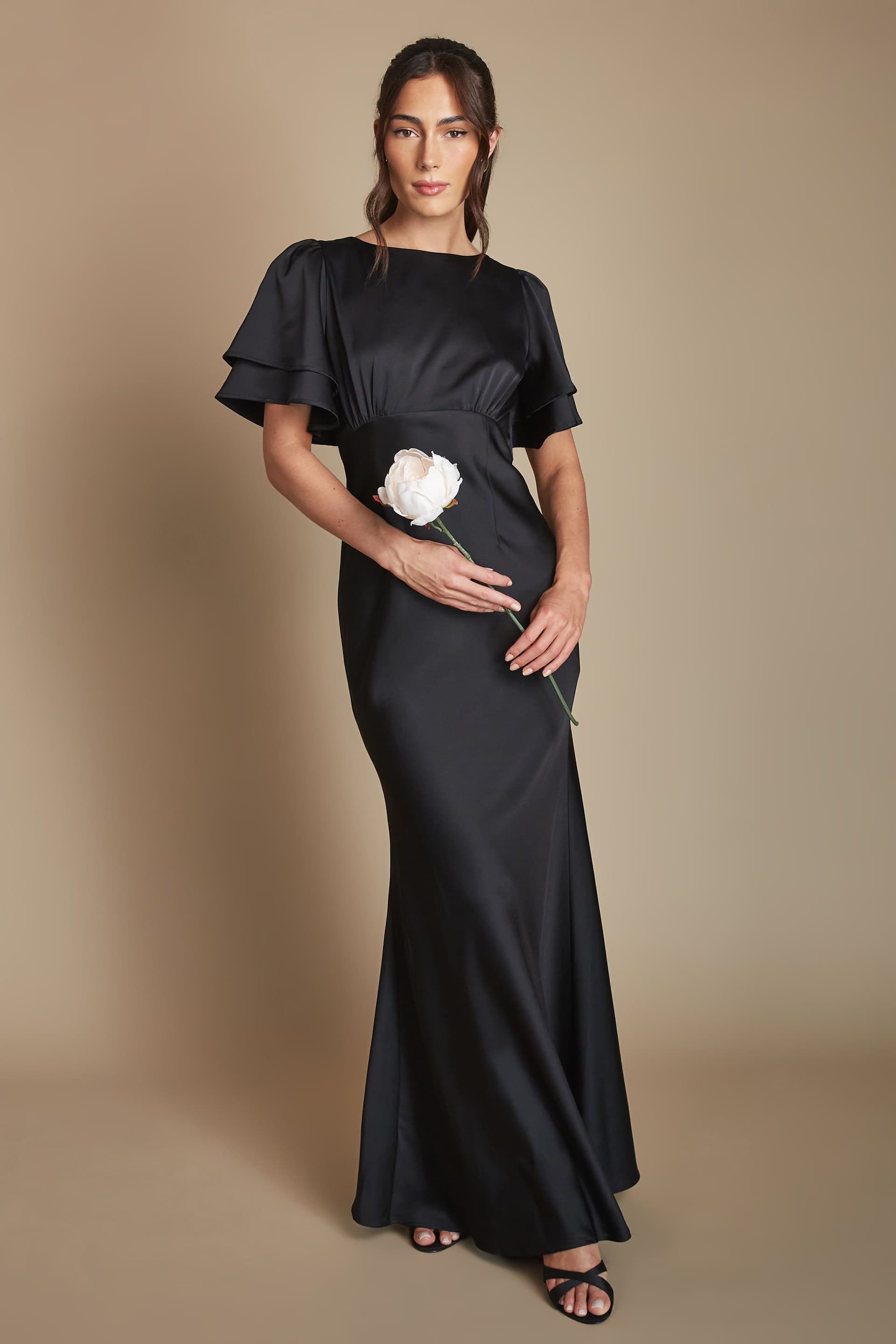 Coast Coast Women's Honoured Satin Back Crepe High Neck Short Sleeve Maxi Bridesmaid Dress in Black