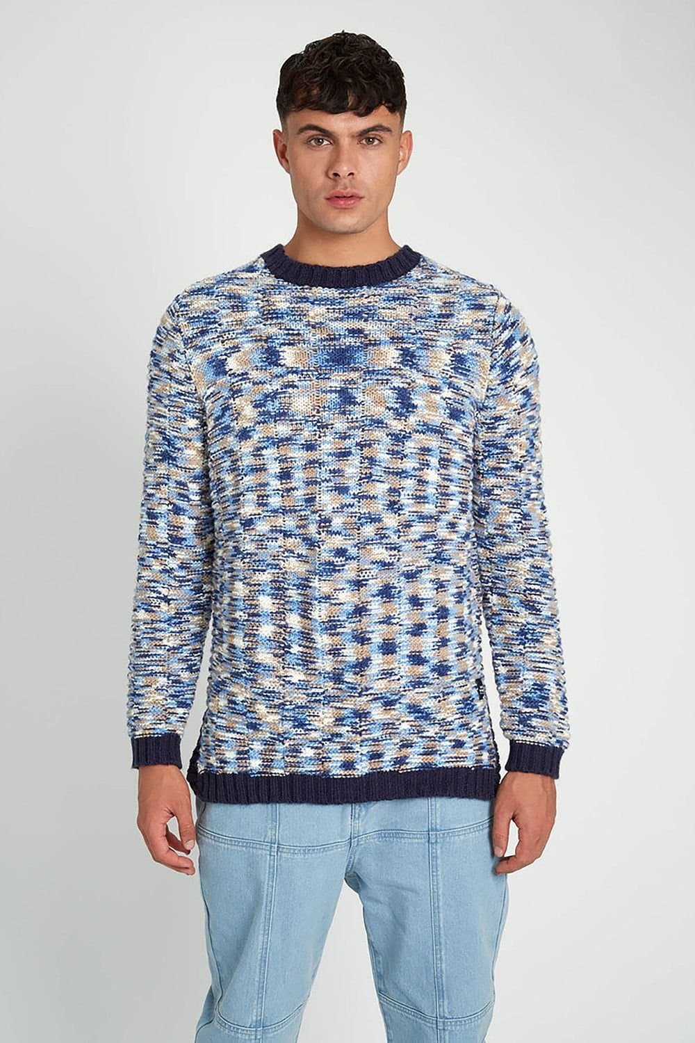 Native Youth Native Youth Men's Colourful Knit Crew Neck Long Sleeve Jumper in Blue