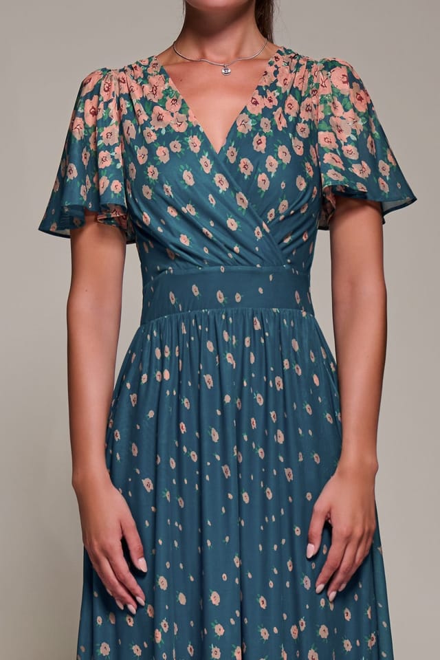 Jolie Moi Jolie Moi Women's Mirrored Mesh Short Sleeve Midaxi Dress in Teal - 3