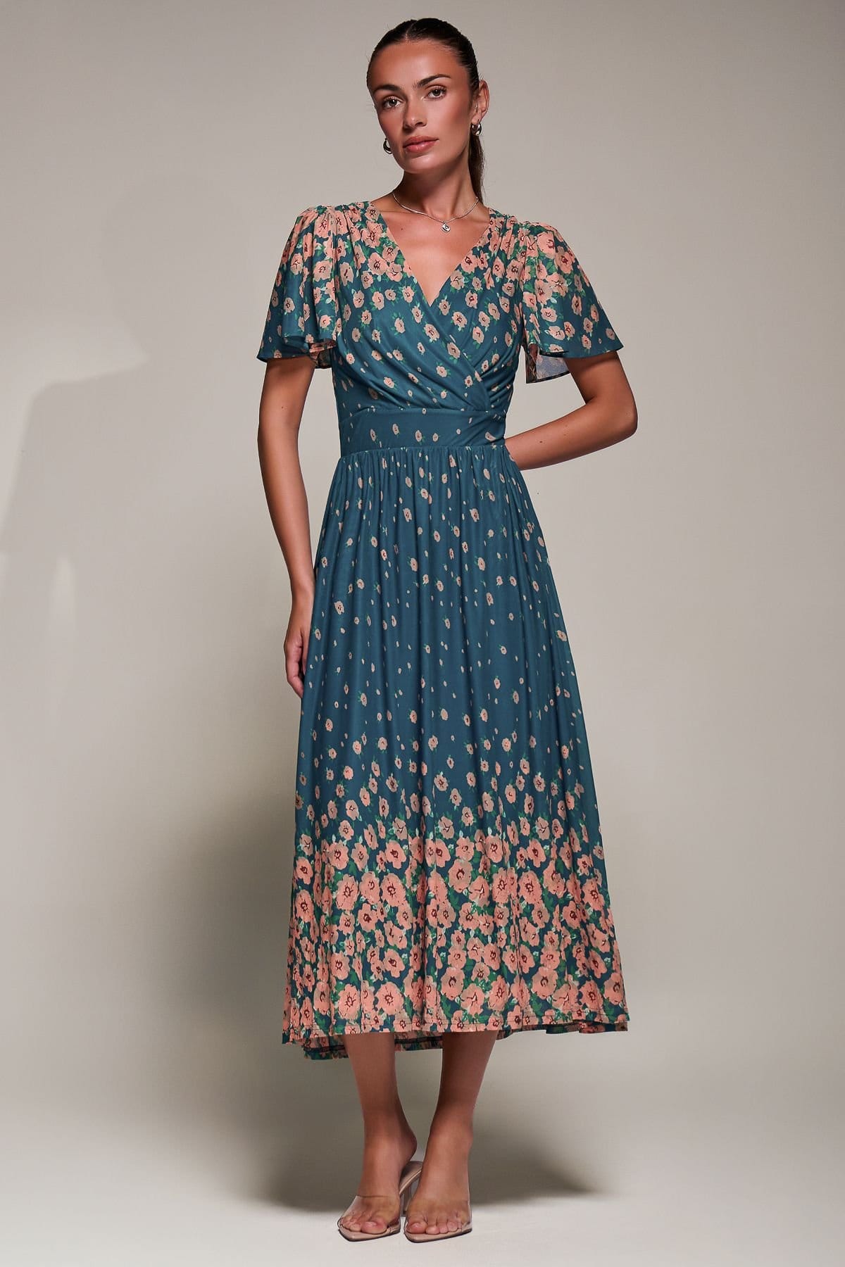 Jolie Moi Jolie Moi Women's Mirrored Mesh Short Sleeve Midaxi Dress in Teal - 4
