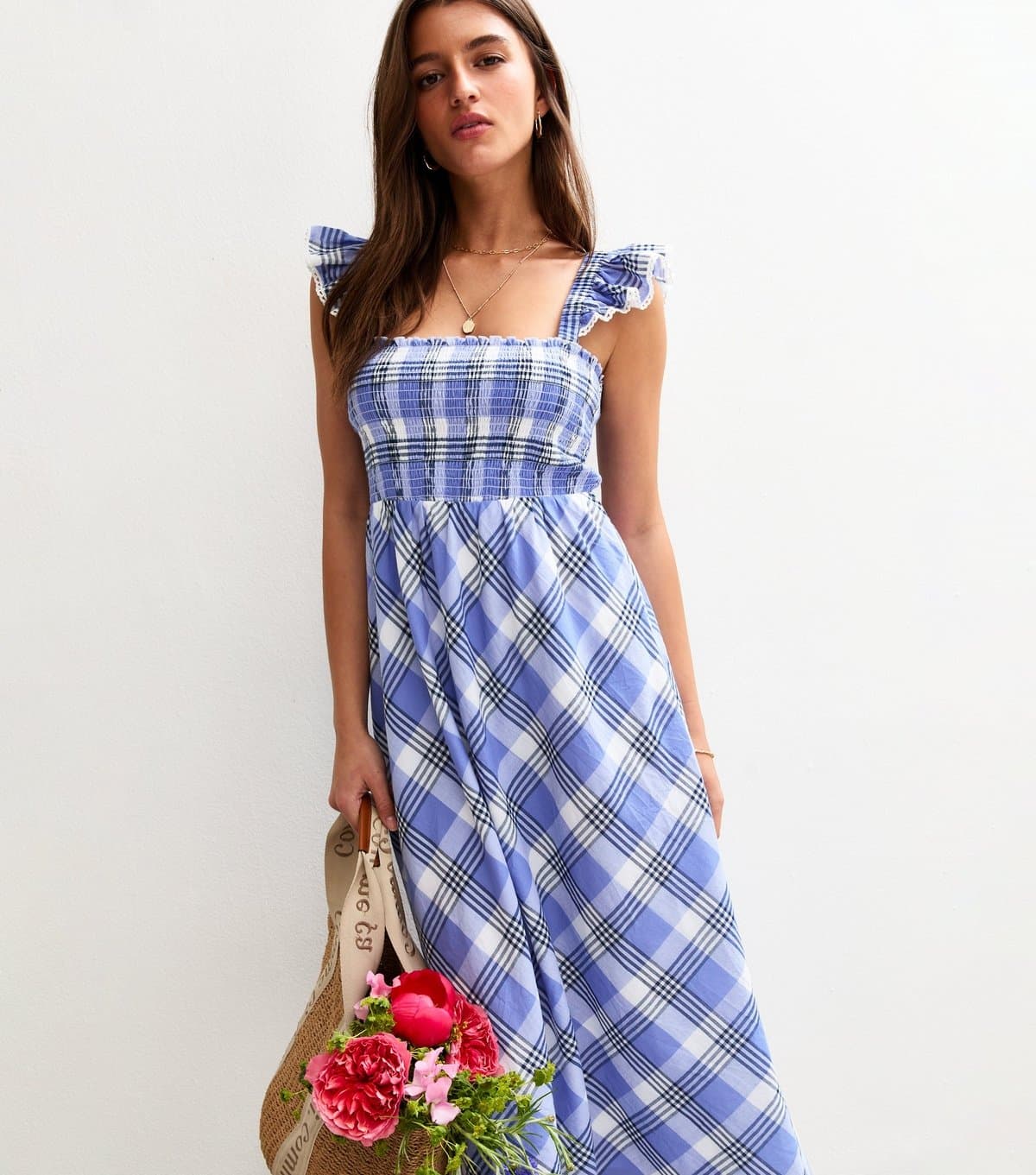 New Look Women's Blue Check Print Shirred Frill Strap Midi Dress New Look