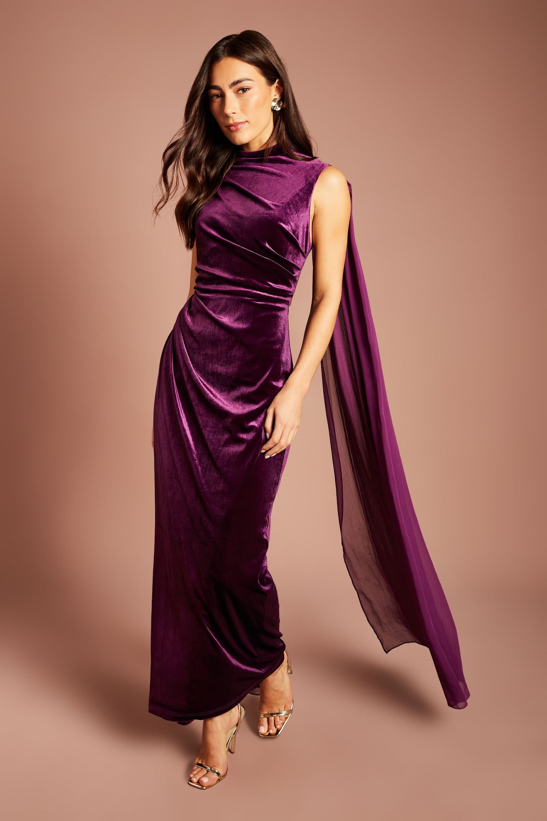 Coast Coast Women's High Neck Velvet Maxi Dress With Chiffon Cape Sleeve in Purple