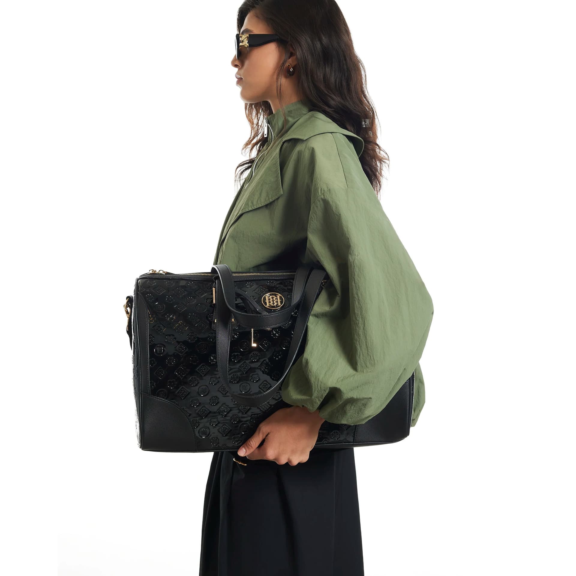 River Island River Island Womens Black Patent Monogram Charm Holdall Bag