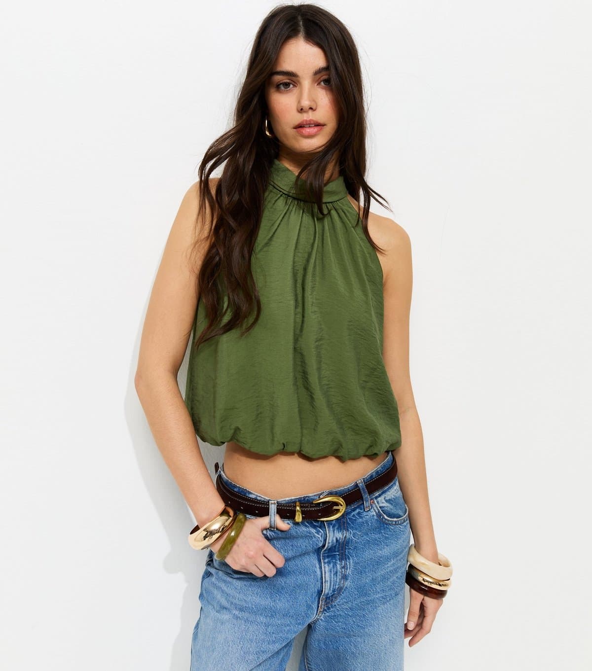 New Look Women's Khaki Bubble Hem Neck Tie Top New Look