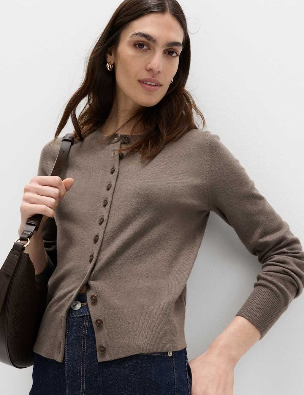 Marks & Spencer M&S Air-Yarn Crew Neck Short Cardigan Mole - 1