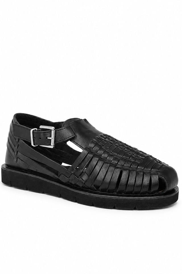 Leather Collection Leather Collection Men's Leather Flat Weaved Sandals in True Black - 2