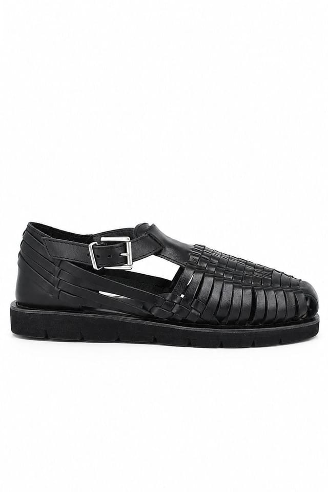 Leather Collection Leather Collection Men's Leather Flat Weaved Sandals in True Black - 3