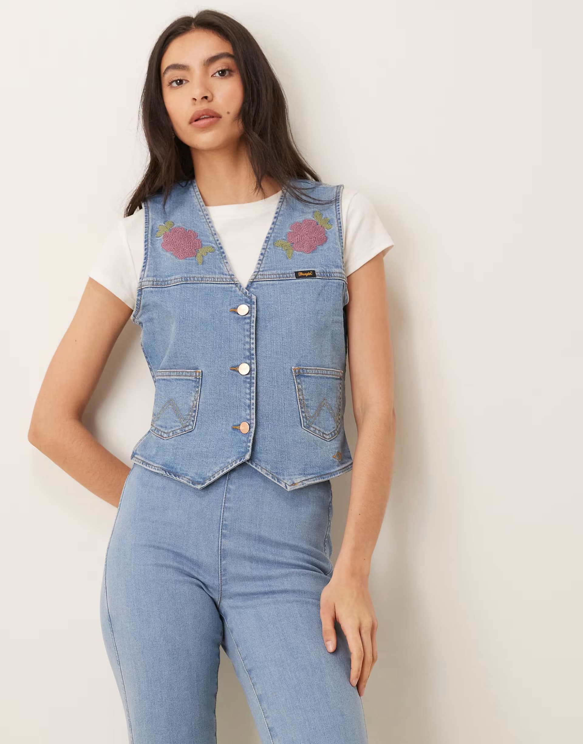 ASOS Wrangler x Lainey Wilson cowboy fitted denim waistcoat co-ord in blue