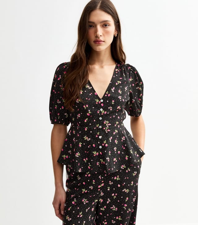 New Look Women's Black Floral Print V-Neck Blouse New Look - 2