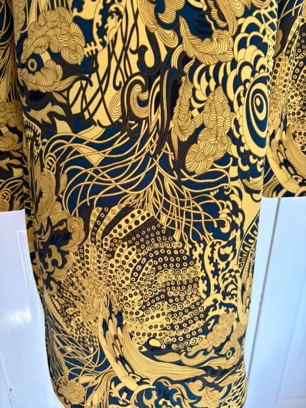 H&M H&M Gold & Navy Oriental Print Shift Dress UK 10 3/4 Sleeve Statement Dress