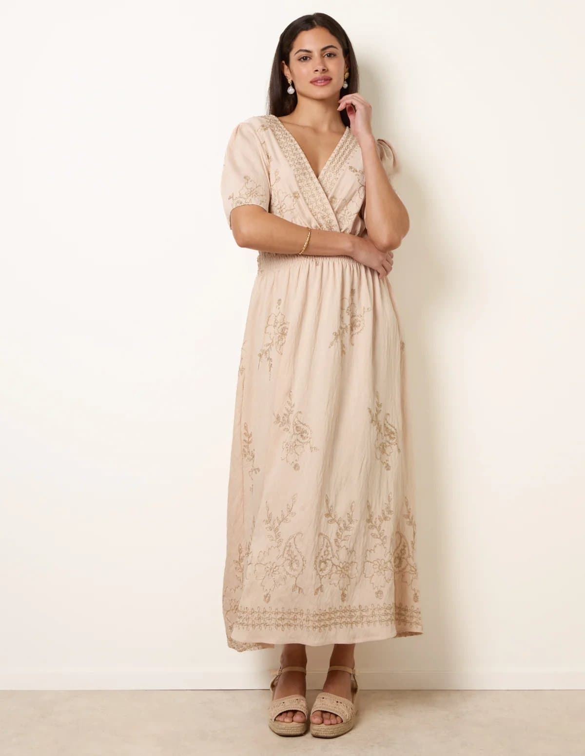Blue Vanilla Wrap Front Metallic Embroidery Floral Dress