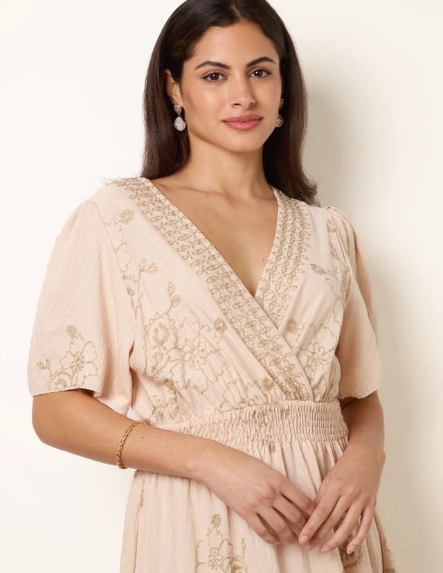 Blue Vanilla Wrap Front Metallic Embroidery Floral Dress - 2
